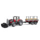 Traktor Massey Ferguson s predným nakladačom, prívesom na prevoz dreva a 3 kmeňmi stromov 1:16 02046