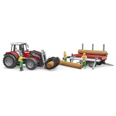 BRUDER 02046 Traktor Massey Ferguson s predným nakladačom, prívesom naprevoz dreva a 3 kmeňmi stromov 1:16