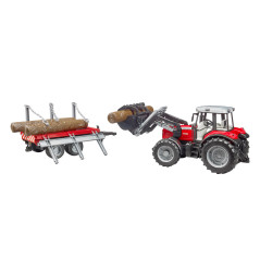 BRUDER 02046 Traktor Massey Ferguson s predným nakladačom, prívesom naprevoz dreva a 3 kmeňmi stromov 1:16