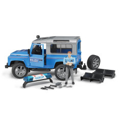 BRUDER Policajné vozidlo Land Rover Defender Station Wagon so svetelným a zvukovým modulom a s figúrkou policajta 1:16 02597