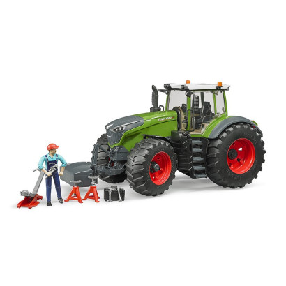 Traktor Fendt 1050 Vario s predným závažím a figúrka mechanika s dielenským vybavením 1:16 04041