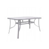 Obdĺžnikový záhradný stôl s rozmermi 150x90 cm, vhodný pre 4-6 osôb. Stabilná kovová konštrukcia, 5 mm bezpečnostné sklo, stredový otvor pre slnečník, nosnosť 100 kg.